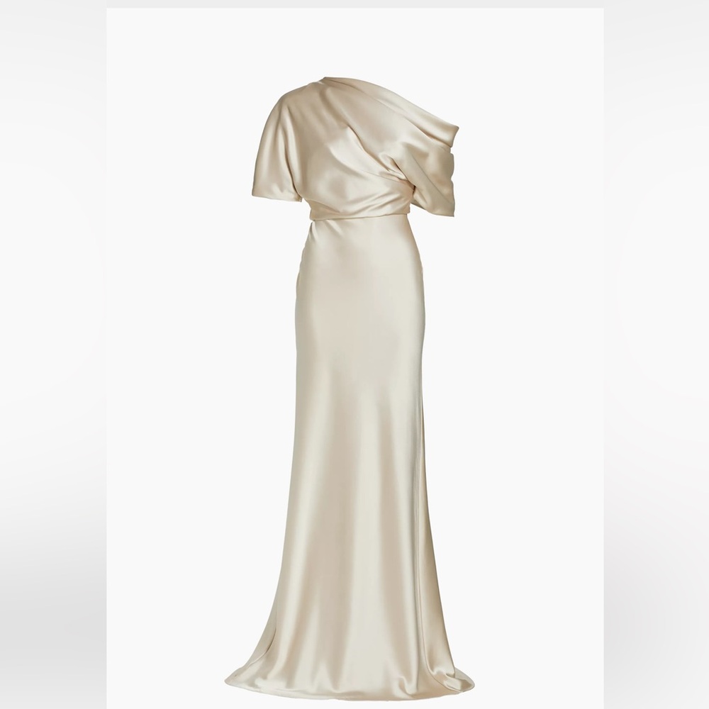 AMSALE CHAMPAGNE SATIN OFF SHOULDER GOWN